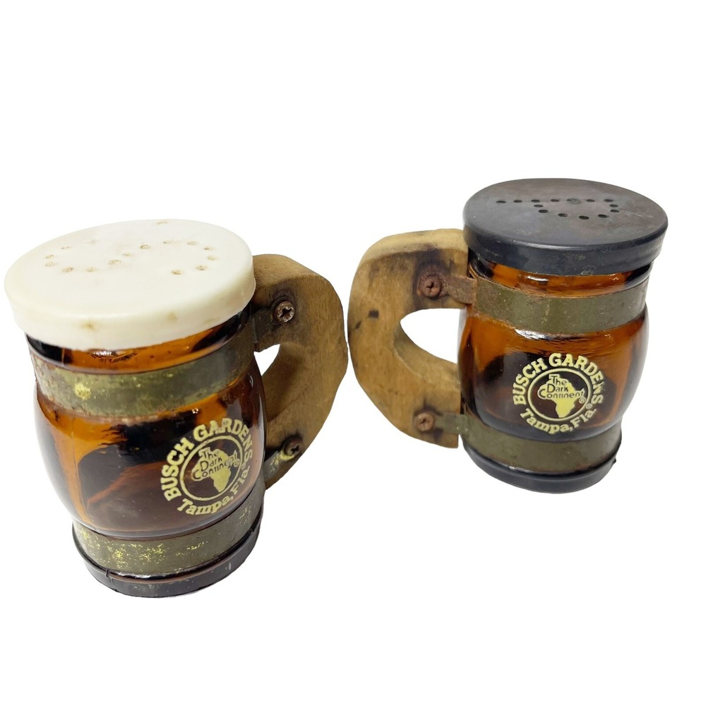 Vintage Busch Gardens Salt & Pepper Shakers Beer Stein Barrel Oktoberfest Theme